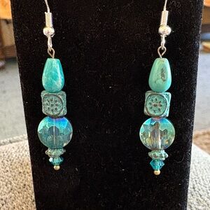 Hand Crafted Turquoise and Crystal Teal Earrings